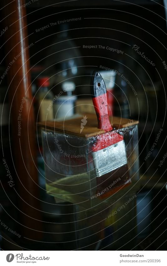 craft Art Paintbrush Old Dirty Cold Gloomy Workshop Red Soak Colour photo Interior shot Deserted Fluid Glass Bottle Brush handle Shallow depth of field