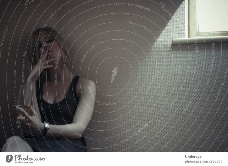 Smoking 1 Human being Young woman Youth (Young adults) 18 - 30 years Adults Moody Calm Glass Window Dress Subdued colour Interior shot Day Light Shadow Sunlight