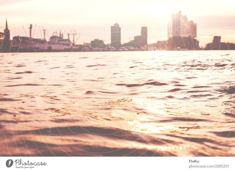 Bright morning in Hamburg Elements Water Sky Sun Sunrise Sunset Beautiful weather River Elbe Germany Europe Town Port City Downtown Harbour Manmade structures