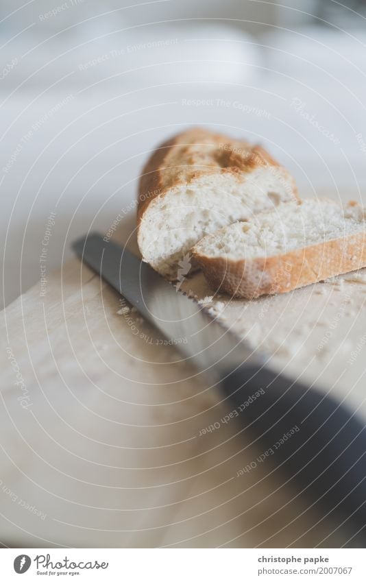 Goes away like sliced bread Food Bread Nutrition Breakfast Knives Fresh Wooden board White bread Baguette Cut Slice Crumbs Table bread knife Colour photo