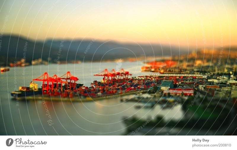 Port of Vancouver Industry Crane Landscape Water Cloudless sky Sunrise Sunset Summer Beautiful weather Canada Port City Industrial plant Harbour Logistics