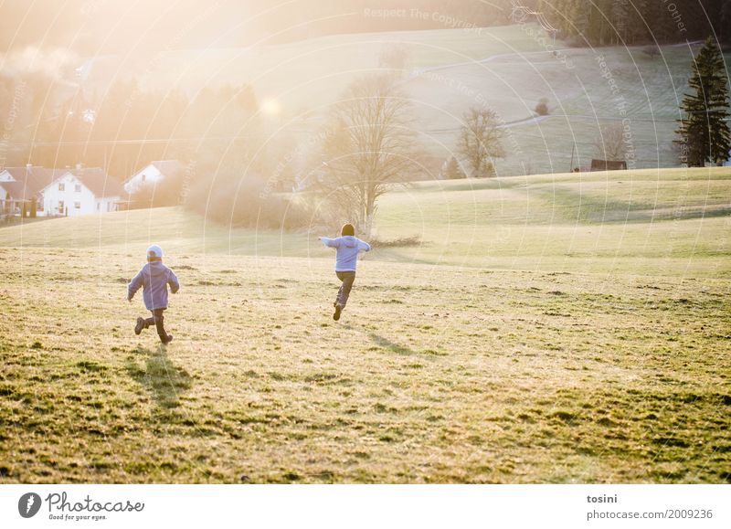 Two children running down a hill Human being Brother Infancy 2 Group of children 1 - 3 years Toddler 3 - 8 years Child Emotions Joy Happiness Meadow Running