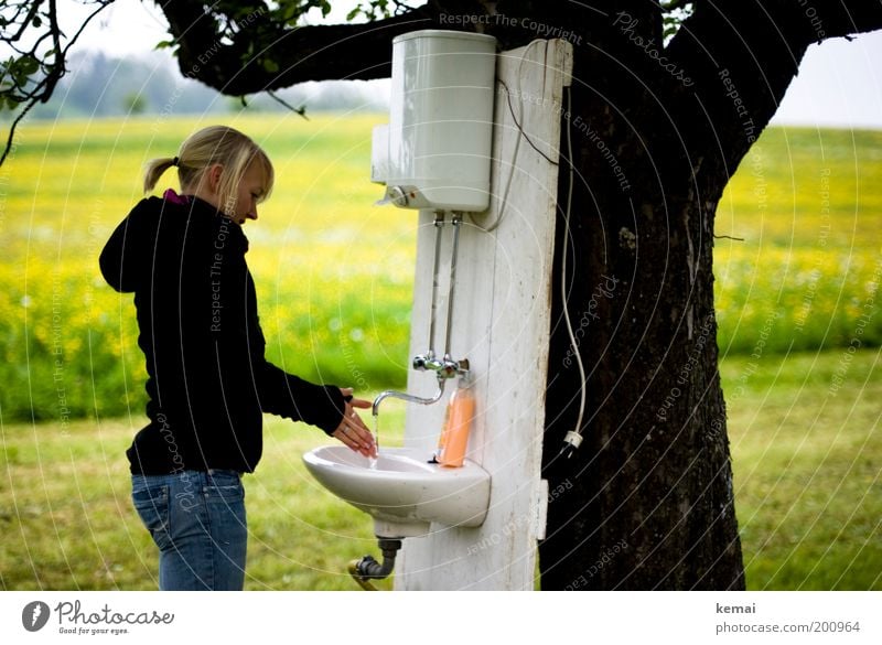 Wash your hands (Landliebe) Sink Human being Feminine Young woman Youth (Young adults) Adults Hand 1 18 - 30 years Environment Nature Landscape Plant Tree Grass