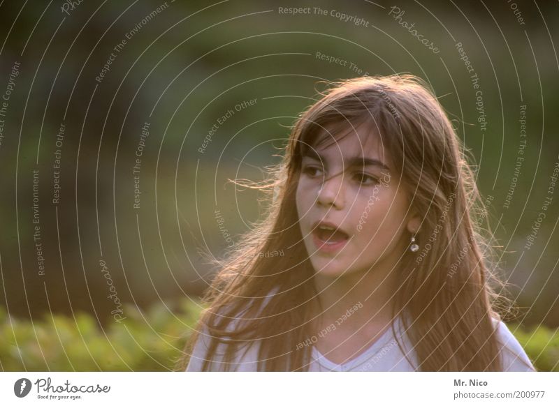 In July Feminine Girl Head Hair and hairstyles Face Mouth Summer Beautiful weather Garden T-shirt Earring Brunette Long-haired Natural Joie de vivre (Vitality)