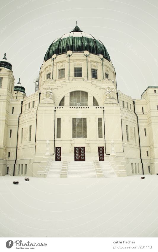 central cemetery/winter IIII Cloudless sky Winter Weather Snow Vienna Capital city Outskirts Church Manmade structures Building Stairs Window Door Roof