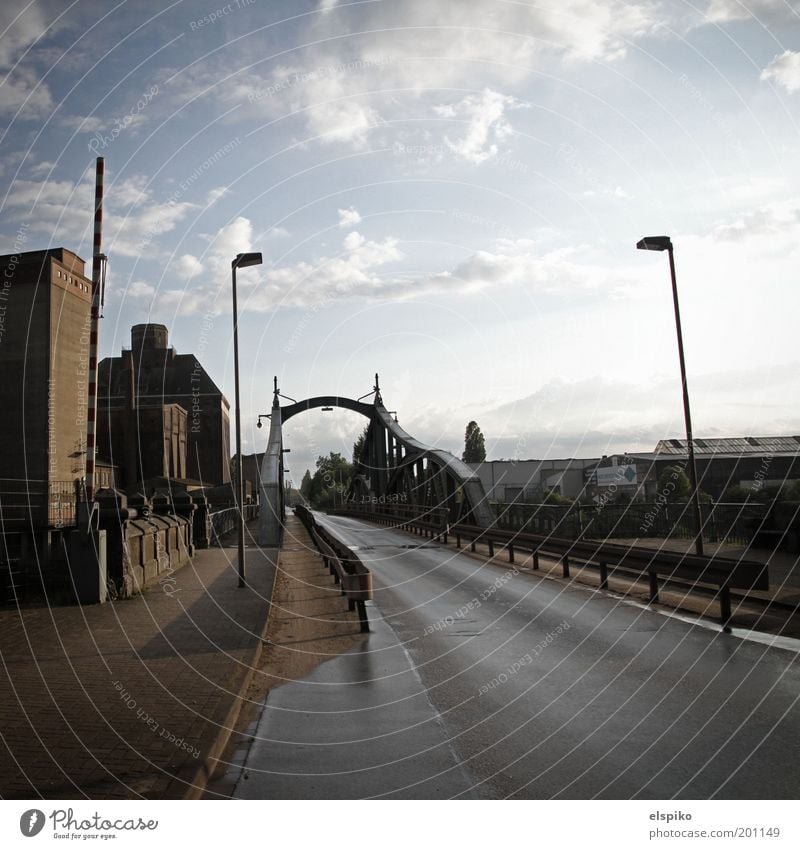 Unaccompanied border crossing Sky Clouds Sunlight Krefeld Germany Europe Town Outskirts Deserted Industrial plant Harbour Bridge Building Architecture