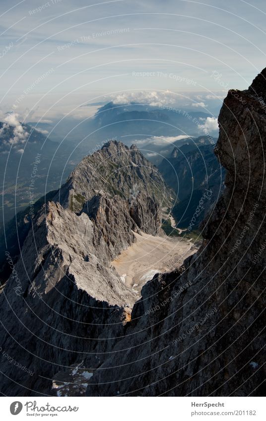 panoramic view of the Höllental Environment Nature Landscape Sunlight Beautiful weather Rock Alps Mountain Zugspitze Blue Brown Gray White High mountain region