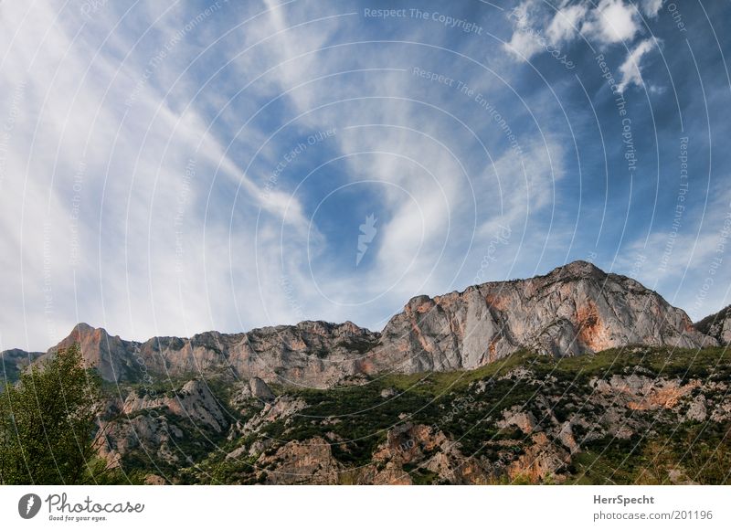 be(rg)moving Environment Nature Landscape Sky Clouds Beautiful weather Rock Mountain Pyrenees Peak Large Blue Brown Gray Green White Cirrus Wall of rock