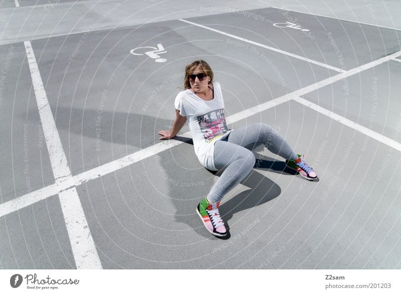 OCCUPIED. Lifestyle Style Young woman Youth (Young adults) 18 - 30 years Adults Street Fashion Sunglasses Blonde Long-haired Concrete Sign Road sign Relaxation