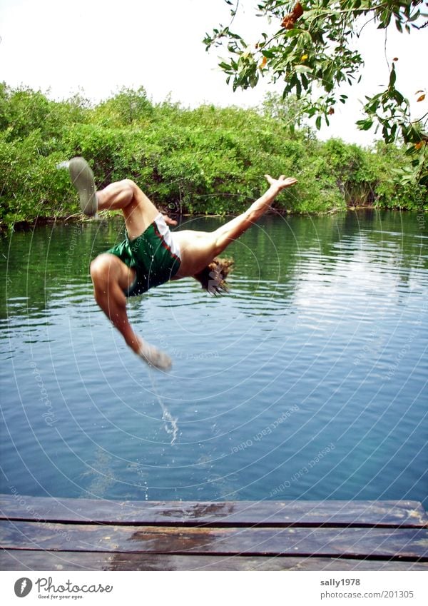 Jump into the cool water Elegant Joy Happy Life Swimming & Bathing Leisure and hobbies Tourism Trip Freedom Summer Summer vacation Human being Masculine