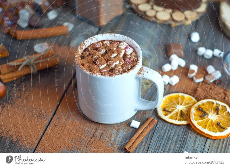 Drink hot chocolate with marshmallows in a white cup Fruit Dessert Herbs and spices Beverage Hot drink Hot Chocolate Cup Table Wood Old Eating Drinking Fresh