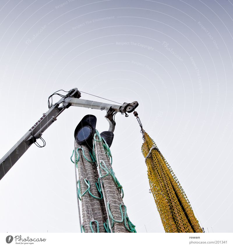 net hoist Navigation Catch Fishery Net Crane Lift Trawl netting Watercraft Colour photo Subdued colour Exterior shot Deserted Copy Space top Day Trawler Detail