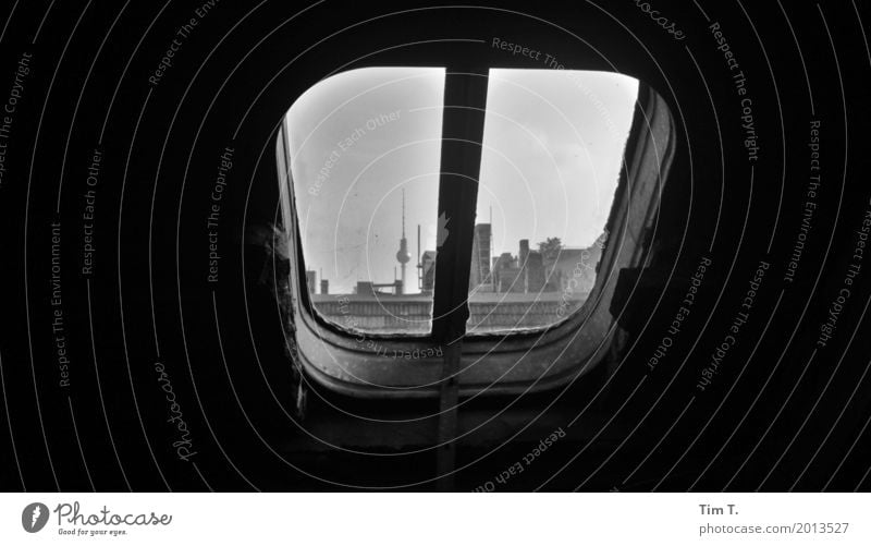 Prenzlauer Berg Berlin Town Capital city Downtown Old town Window Roof Television tower Living or residing Hatch Black & white photo Interior shot Deserted