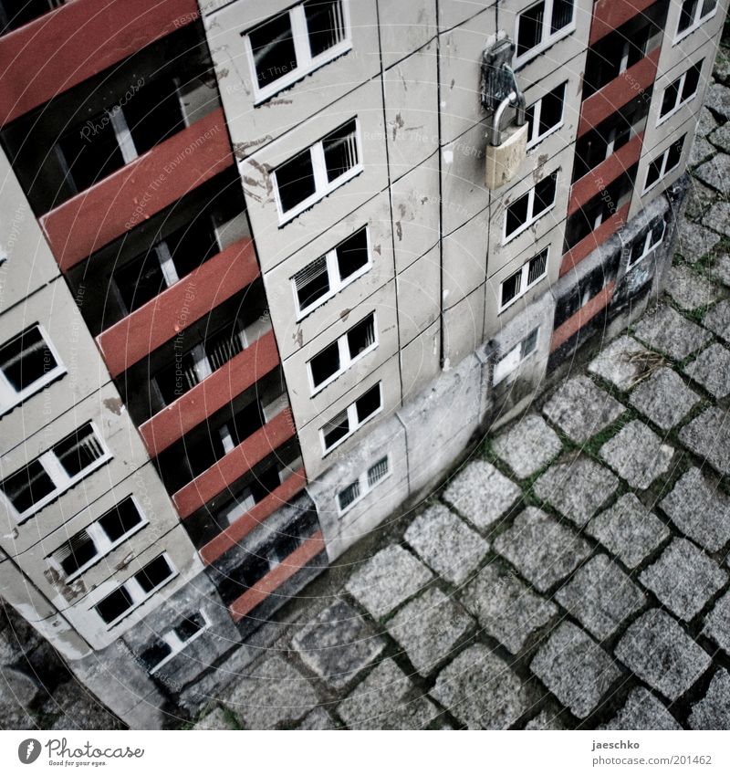 Small plate Art Work of art House (Residential Structure) High-rise Facade Balcony Cold Gloomy Town Gray Fear of the future Surrealism Decline Transience