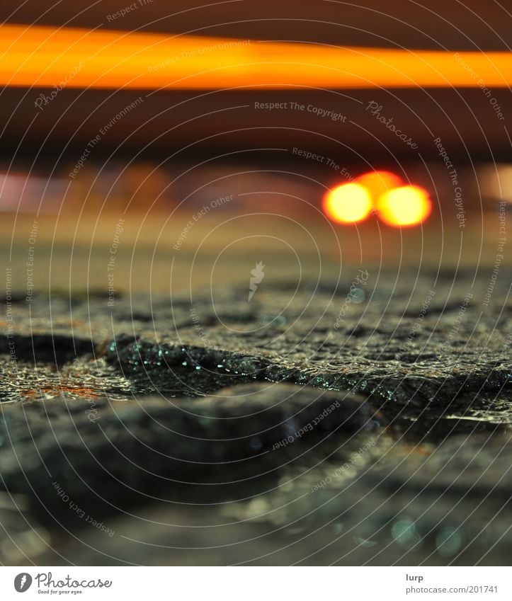 Bus line 62 Traffic infrastructure Road traffic Yellow Gray Long exposure Sidewalk Paving stone Wet Puddle Strip of light Cobblestones Rainwater Colour photo