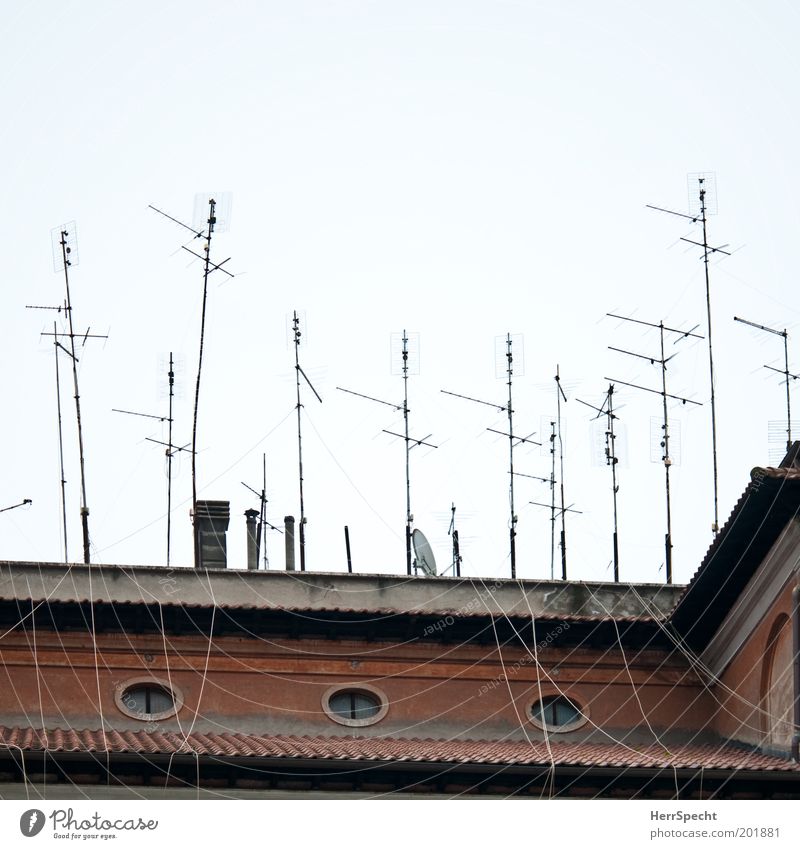 Ready to receive House (Residential Structure) Manmade structures Building Facade Window Roof Chimney Antenna Brown Gray White Bizarre Chaos Communicate