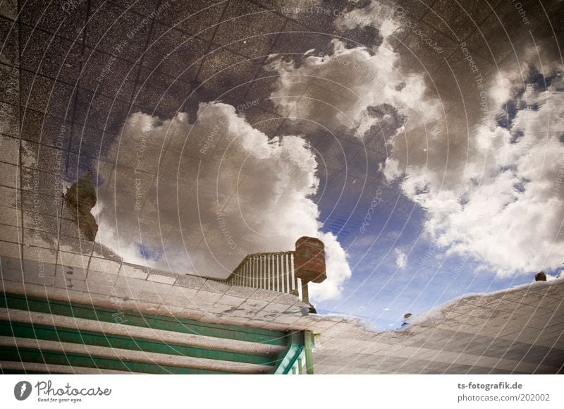 Liquid Sky Environment Elements Earth Air Water Clouds Beautiful weather Sidewalk Paving tiles Stairs Mesh grid Wastepaper basket Banister Mirror Reflection