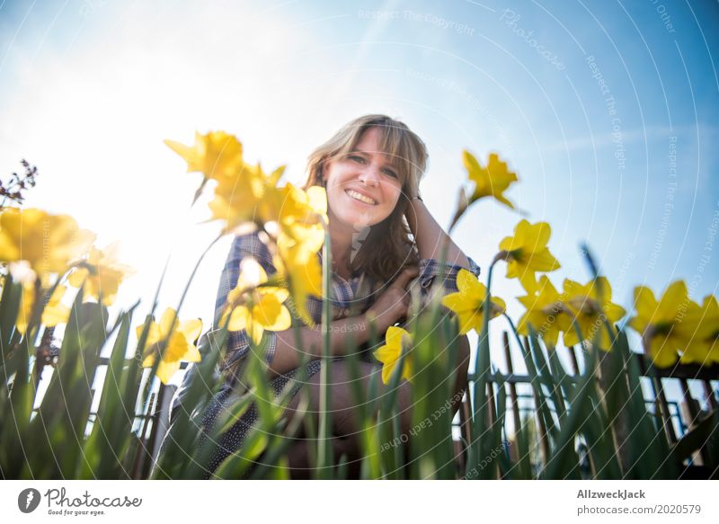 Daffodil Spring Woman Portrait Easter Garden Feminine Young woman Youth (Young adults) Adults Life 1 Human being 18 - 30 years 30 - 45 years Plant Cloudless sky