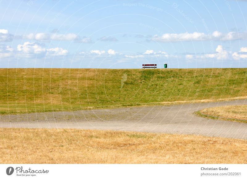 On the dike Environment Nature Landscape Plant Sky Clouds Horizon Summer Weather Beautiful weather Park Meadow Hill Coast North Sea Blue Green Dike Bench