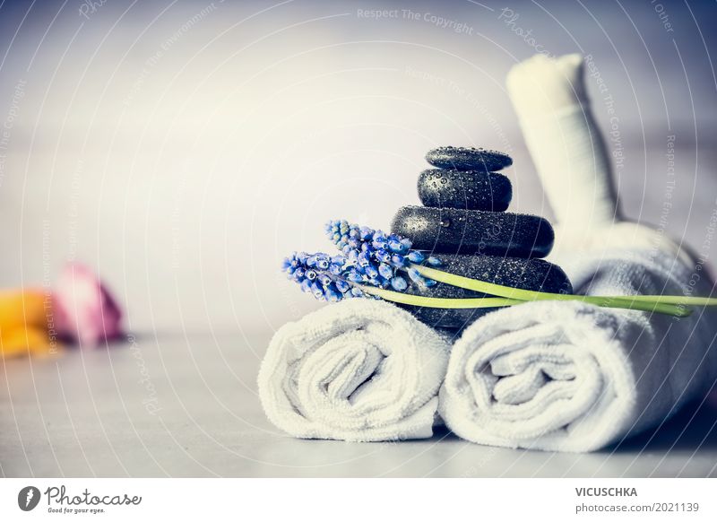 Spa massage accessories with towels, stones and flowers Style Design Healthy Wellness Well-being Relaxation Cure Massage Vacation & Travel Summer Living room