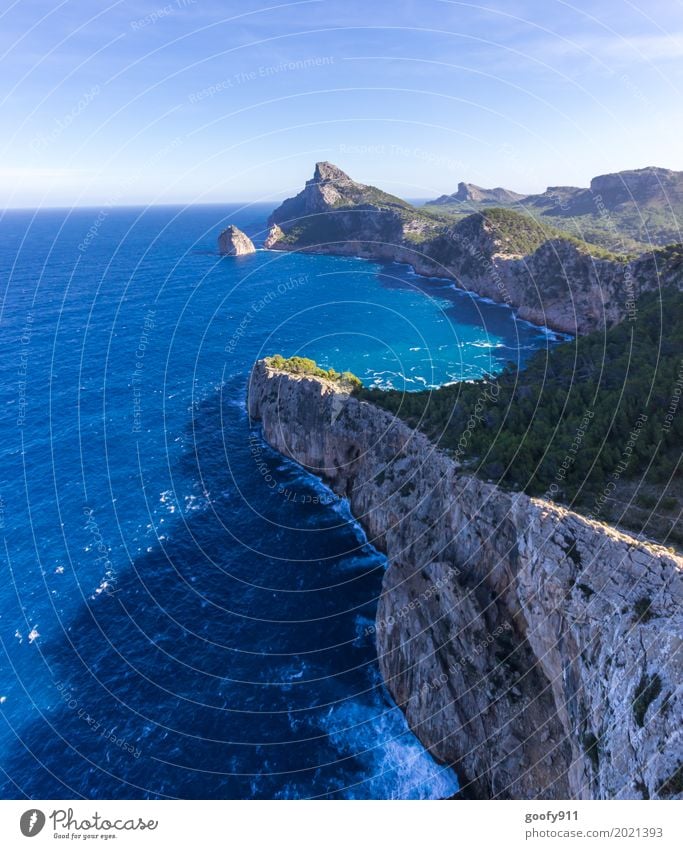 Mallorca's End Environment Nature Landscape Plant Animal Air Water Sky Sun Summer Beautiful weather Warmth Tree Bushes Hill Rock Mountain Waves Bay Ocean Island