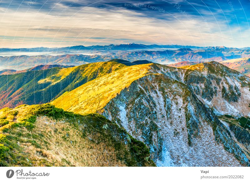 Sunset in the mountains Vacation & Travel Tourism Far-off places Summer Winter Snow Mountain Environment Nature Landscape Plant Sky Clouds Horizon Sunrise