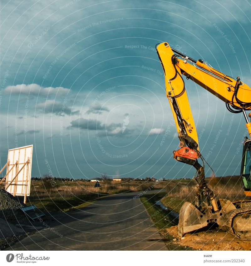 digger party Work and employment Construction site Closing time Advancement Future Transport Lanes & trails Vehicle Stand Wait Dirty Large Strong Excavator