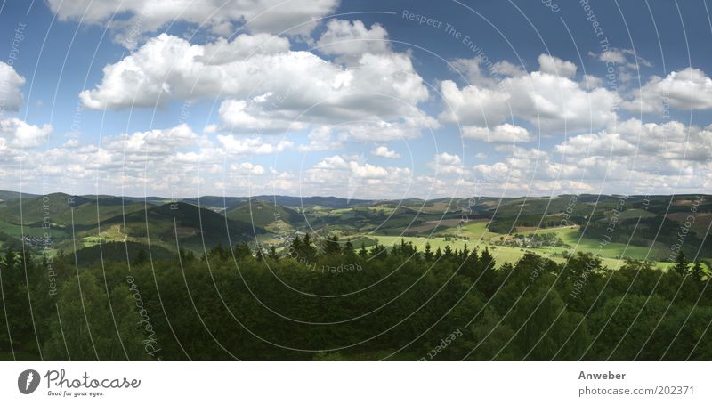 Panorama Hochsauerland from Wilzenberg Environment Nature Landscape Sky Clouds Horizon Summer Beautiful weather Plant Meadow Field Forest Mountain Sauerland