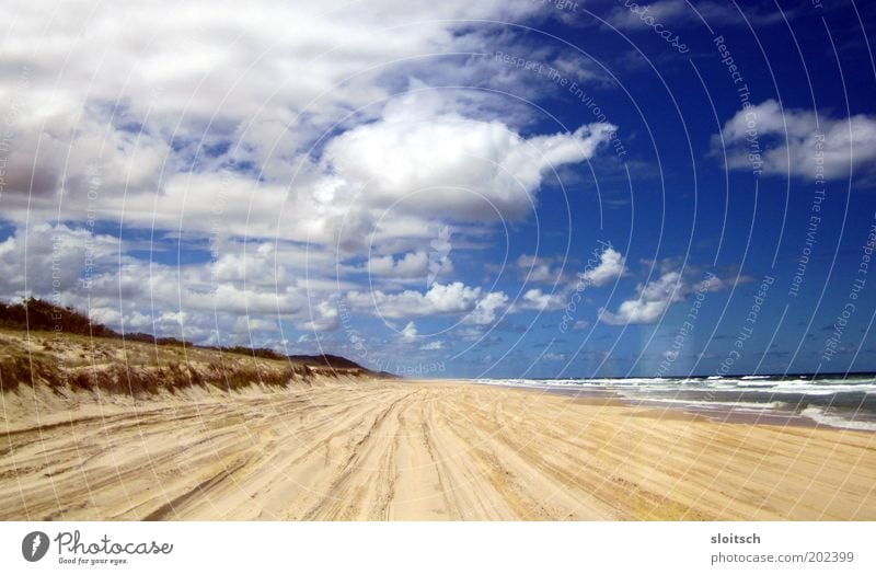 beach Far-off places Freedom Ocean Sand Water Clouds Horizon Sun Hope Day Central perspective Beach Beach dune Blue