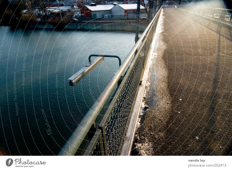 cold - warm Water River Neckar Road traffic Street Bright Contrast Lamp Town Cold Warmth Handrail Metal Asphalt Puddle Colour photo Exterior shot Deserted