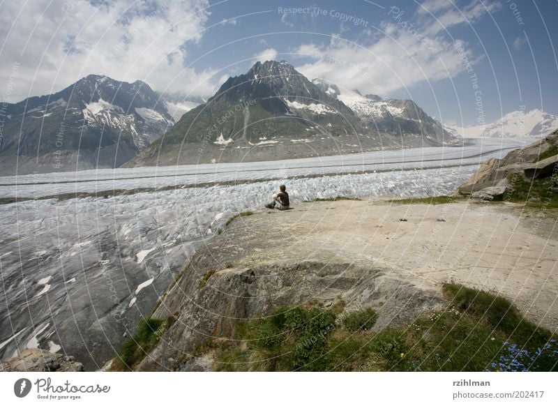 View of the Aletsch Glacier. Summer Mountain Hiking Human being Woman Adults Nature Landscape Clouds Alps Break Aletsch region Aletsch glacier Aletschhorn