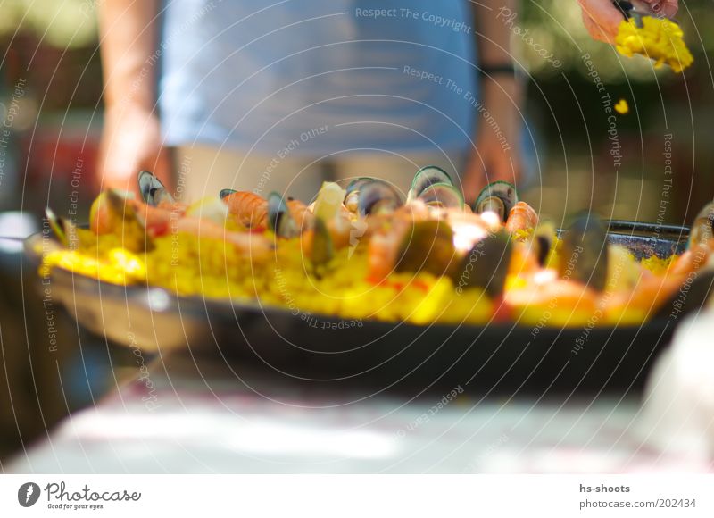 Hunger Paella with seafood Fish Nutrition Lunch Buffet Brunch Spain Rice Mussel Pan Summer Summer vacation Yellow Colour photo Exterior shot Day Blur