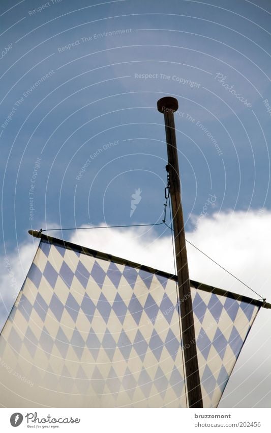 Under Bavaria Summer Sky Clouds Alps Flag Blue White Germany Flagpole Wittelsbach Conservative Bavarian Beer garden Upper Bavaria Copy Space top Deserted