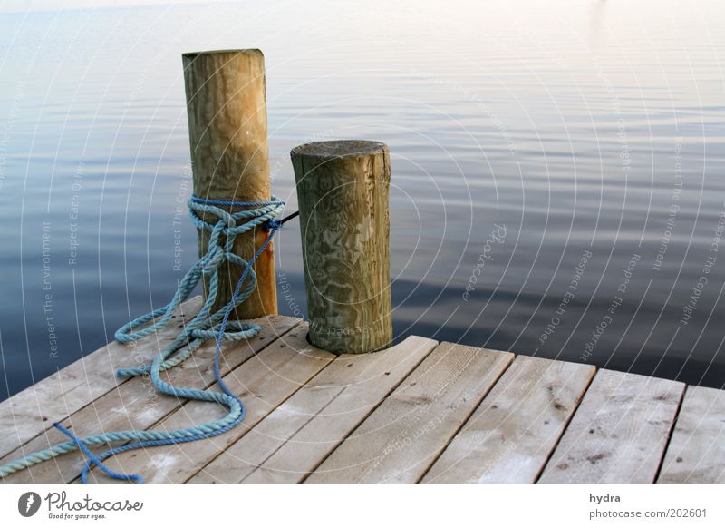 Go blue Harbour Fastener Bollard Rope Footbridge Ocean Freedom Summer Nature Water Coast Island Navigation Wood Blue Calm Twilight Safety Peace Harmonious Jetty