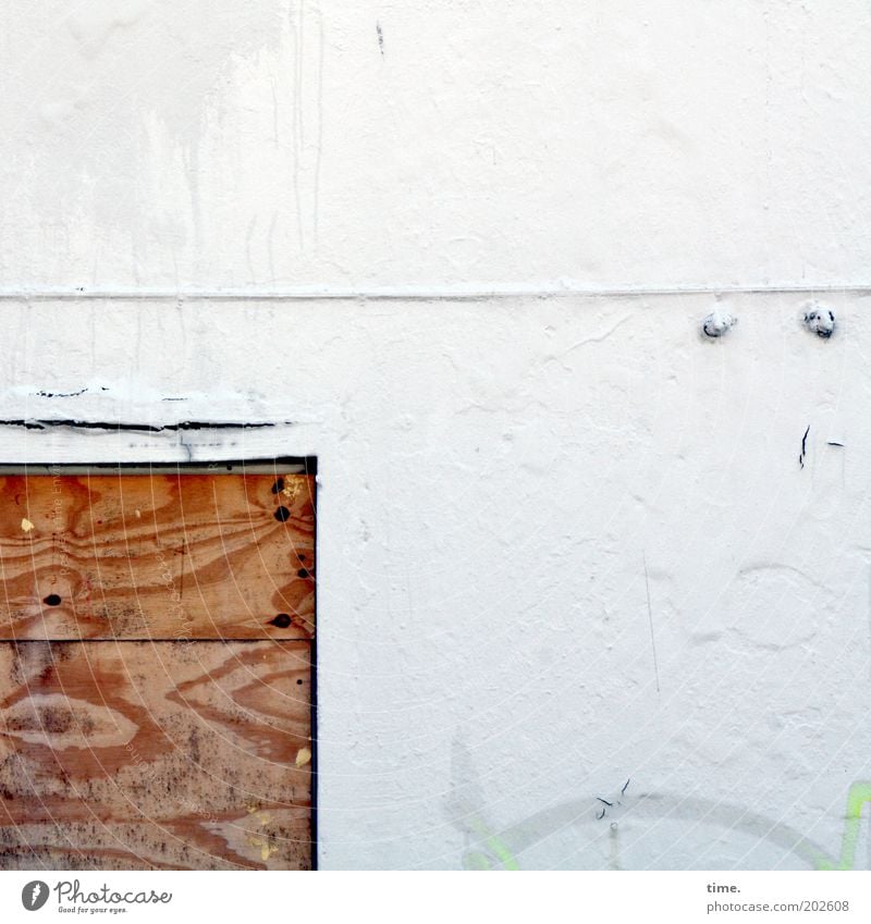 wedged and nailed up Window Wood Line Dirty Broken White Colour Closed Board Plaster Checkmark Passage Entrance Crack & Rip & Tear Tumbledown Redevelop