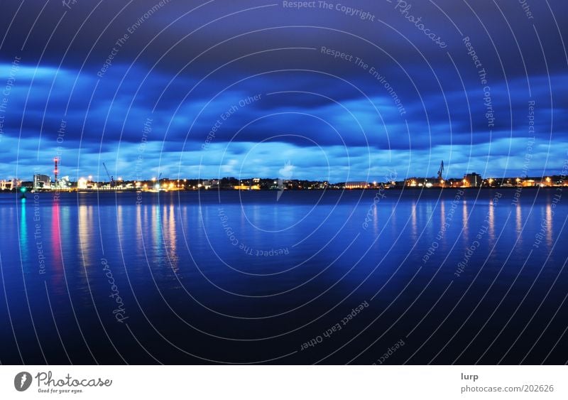 eastern shore Water Dark Reflection Clouds Skyline Harbour Port City Coast Evening Night Light Blue Panorama (Format) Ocean Kiel Night shot Night sky