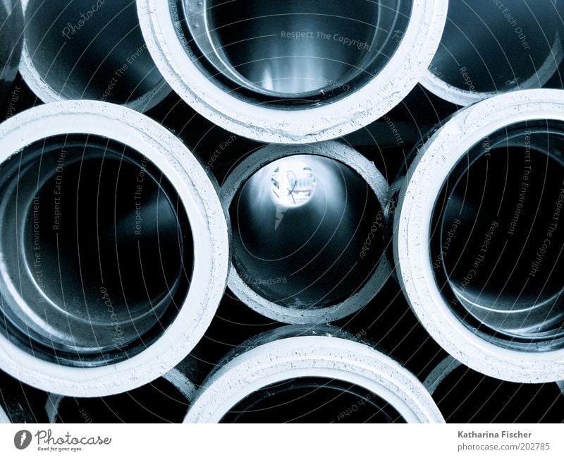 Pipe Views Concrete Lie Blue Gray White Construction site Conduit Urban building Colour photo Exterior shot Close-up Deserted Day Shadow Contrast Opening Circle