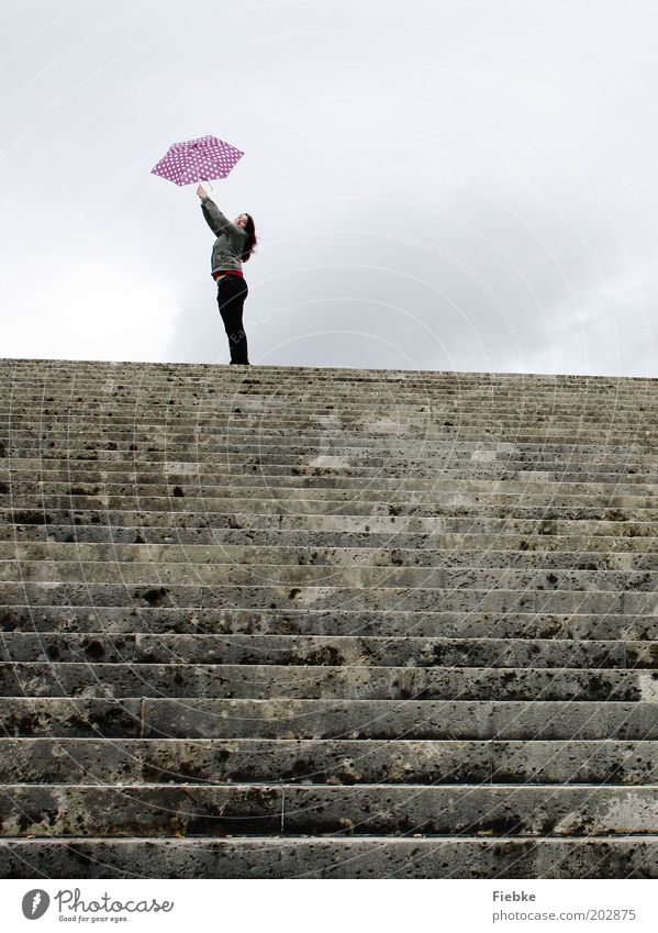 trip Trip Feminine Young woman Youth (Young adults) 1 Human being Stairs Stone Happy Uniqueness Gray Violet Joy Dream Hope Horizon Idea Joie de vivre (Vitality)