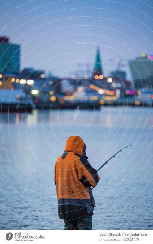 Angler at the Kiel Fjord #3 Leisure and hobbies Fishing (Angle) 1 Human being Kieler Förde Skyline Navigation Inland navigation Watercraft Jacket Catch Wait