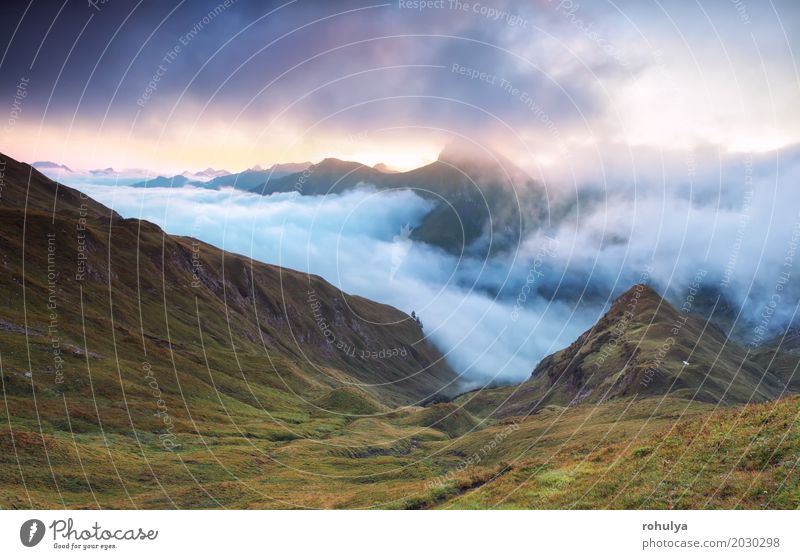 foggy sunrise over mountain peaks, Alps Mountain Nature Landscape Clouds Sun Sunrise Sunset Autumn Fog Meadow Rock Blue Alpine cloudscape Grassland