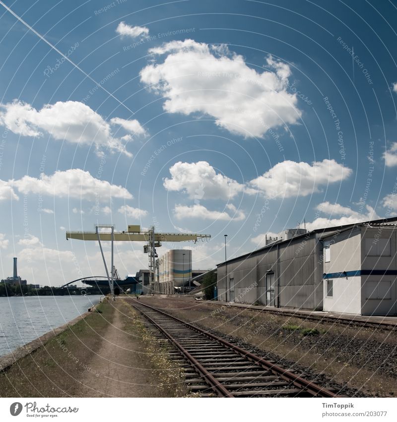 Cement plant West Clouds Blue Frankfurt Industrial zone Industrial Photography Industrial site Industrial plant Dockside crane Harbour Blue sky Vapor trail Main