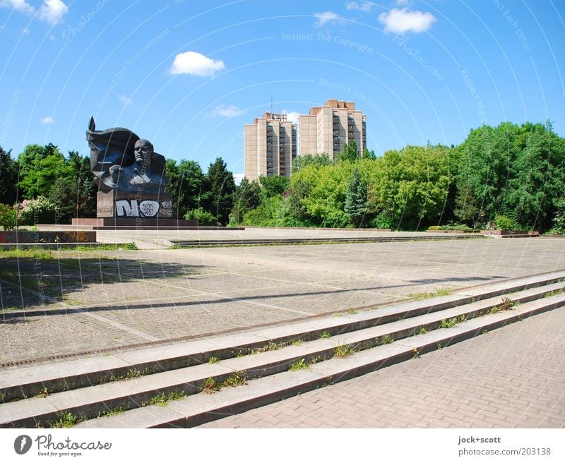 Ernst im Park Sightseeing GDR Sky Clouds Summer Beautiful weather Tree Prenzlauer Berg Places Prefab construction Tower block Stairs Tourist Attraction Monument