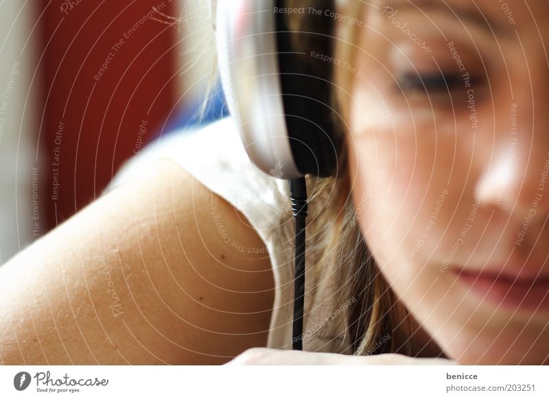 relaxation Music Listening Headphones Relaxation Contentment White Bright Lie European Portrait photograph Homey Stereo Eyes Brunette Youth (Young adults)