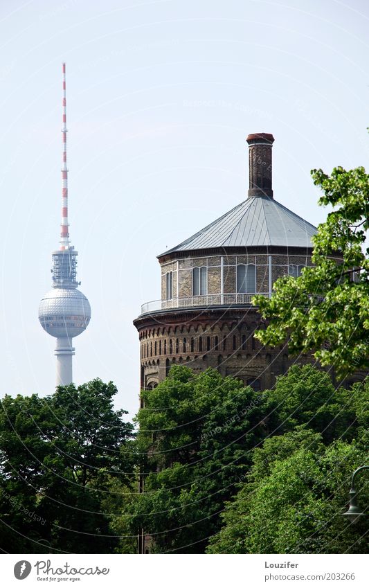 Water tower with television tower Capital city Downtown Tower Manmade structures Building Architecture Tourist Attraction Monument Elegant Large Historic Tall