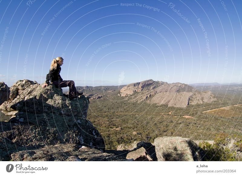 SIGHTSEEING Climbing Mountaineering Hiking Human being Young woman Youth (Young adults) Landscape Cloudless sky Horizon Beautiful weather Rock Sit Exceptional