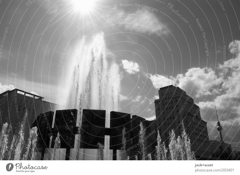 The sky is watching Sightseeing Clouds Beautiful weather Friedrichshain Capital city Downtown Tourist Attraction Berlin TV Tower Water fountain GDR Sunbeam