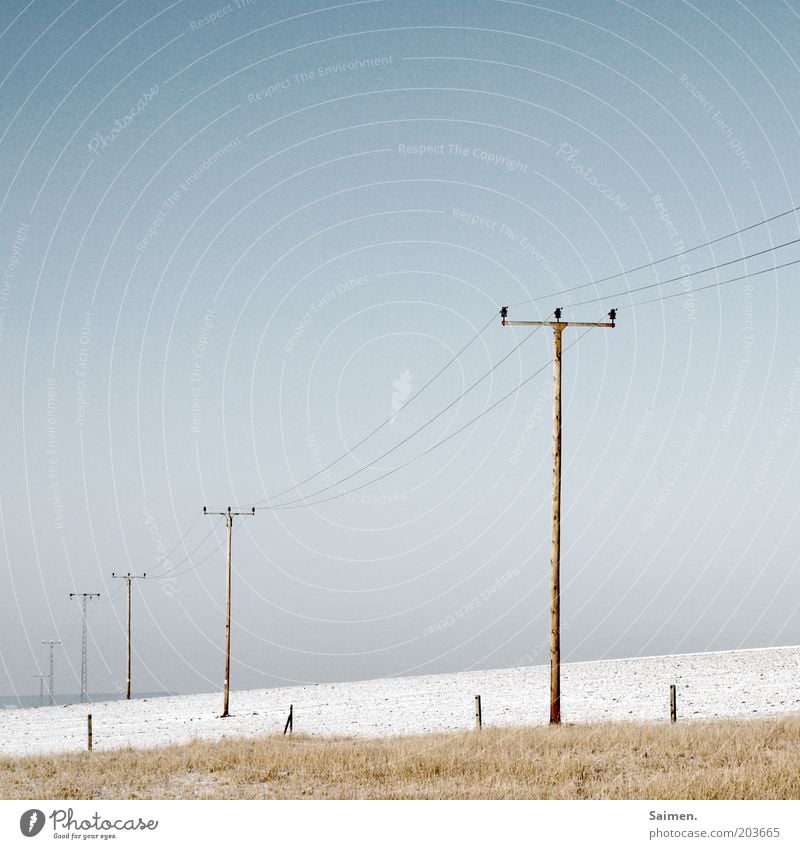 power line pole alignment Environment Nature Landscape Sky Cloudless sky Bright Electricity pylon High voltage power line Meadow Cold Fence Building line