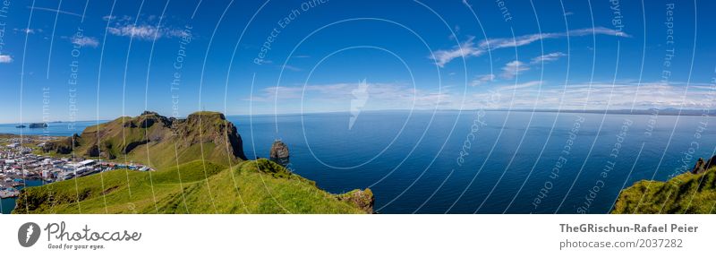 Heimaey VIII Environment Nature Landscape Beautiful weather Blue Green Panorama (Format) Vantage point Hill Iceland Ocean Harbour Sky Far-off places Clouds