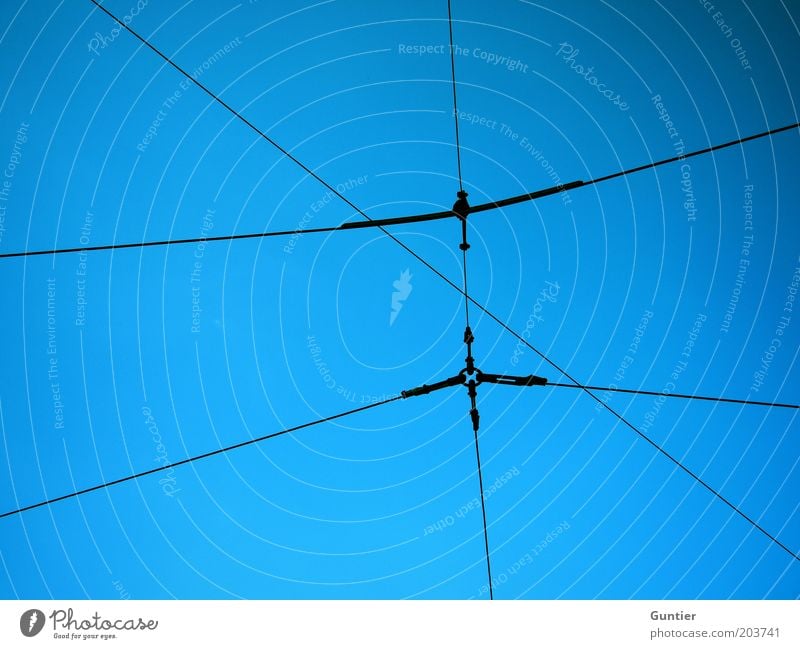 dzzzd Blue Black Sky blue Control system Electricity High voltage power line Colour photo Exterior shot Detail Deserted Copy Space left Copy Space right