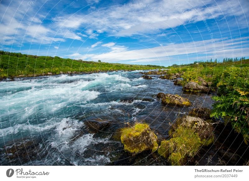 fluency Environment Nature Landscape Water Blue Yellow Gold Green Turquoise White River Stone Meadow Moss Sky Clouds Colour photo Exterior shot Deserted